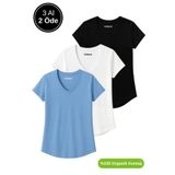 Rich Kadın 3'lü Paket Siyah-Beyaz-Mavi %100 Organik Pamuk Normal Kesim Tişört V Yaka T-Shirt