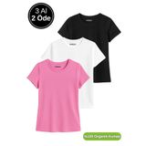 Rich Kadın 3'lü Paket Siyah-Beyaz-Pembe %100 Organik Pamuk Normal Kesim Tişört Bisiklet Yaka T-Shirt