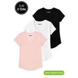 Rich Kadın 3'lü Paket Siyah-Beyaz-Pudra %100 Organik Pamuk Normal Kesim Tişört V Yaka T-Shirt