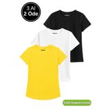 Rich Kadın 3'lü Paket Siyah-Beyaz-Sarı %100 Organik Pamuk Normal Kesim Tişört Bisiklet Yaka T-Shirt