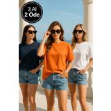 Rich Kadın 3'lü Paket Siyah-Beyaz-Turuncu %100 Pamuk Oversize Basic Tişört Bisiklet Yaka Relaxed T-Shirt