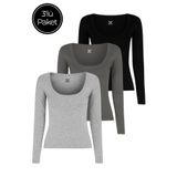 Rich Kadın 3'lü Paket Siyah-Füme-Gri Melanj U Yaka Vücudu Saran Uzun Kollu Bluz