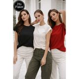 Rich Kadın 3'lü Paket Siyah-Taş Rengi-Kırmızı Pamuklu Duble Kol Detaylı Rahat Kalıp T-Shirt