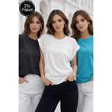 Rich Kadın 3'lü Paket Turkuaz-Antrasit-Beyaz Pamuklu Duble Kol Detaylı Rahat Kalıp T-Shirt