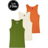 Rich Kadın 3'lü Paket Turuncu-Krem-Yeşil Sıfır Kol Kaşkorse Body - Bisiklet Yaka %100 Pamuk Atlet Bluz - Çok Renkli