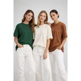 Rich Kadın 3'lü Paket Yeşil-Bej-Kahve %100 Pamuk Oversize Basic Tişört Bisiklet Yaka Relaxed T-Shirt