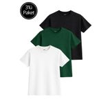 Rich Kadın 3'lü Paket Yeşil-Beyaz-Siyah %100 Pamuk Oversize Basic Tişört Bisiklet Yaka Relaxed T-Shirt