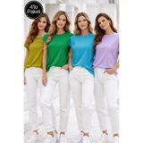 Rich Kadın 4'lü Paket Çimen Yeşili-Turkuaz-Hardal-Lila Pamuklu Duble Kol Detaylı Rahat Kalıp T-Shirt