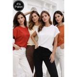 Rich Kadın 4'lü Paket Kırmızı-Krem-Turuncu-Beyaz Pamuklu Duble Kol Detaylı Rahat Kalıp T-Shirt