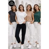 Rich Kadın 4'lü Paket Koyu Yeşil-Sütlü Kahve-Antrasit-Beyaz Pamuklu Duble Kol Detaylı Rahat Kalıp T-Shirt