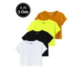 Rich Kadın 4'lü Paket Oversize Crop Tişört %100 Pamuk Bisiklet Yaka T-Shirt
