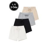 Rich Kadın 4'lü Paket Siyah-Beyaz-Gri-Bej Rahat Kesim Yumuşak Kumaş Beli Lastikli Yazlık Cepli Mini Şort