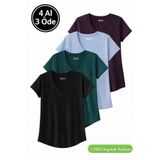 Rich Kadın 4'lü Paket Siyah-Petrol-Koyu Mürdüm-Mavi %100 Organik Pamuk Tişört V Yaka T-Shirt