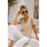 Rich Kadın Açık Bej Yumuşak Dokulu İnterlock V Yaka Basic T-Shirt