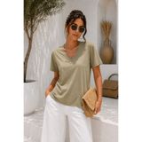 Rich Kadın Açık Haki Yumuşak Dokulu İnterlock V Yaka Basic T-Shirt