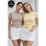 Rich Kadın Açık Kahve-Sarı 2'li Paket Slim Fit Pamuk Crop T-Shirt