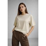 Rich Kadın Bej %100 Pamuk Oversize Basic Tişört – Rahat Kalıp Relaxed Bisiklet Yaka T-Shirt
