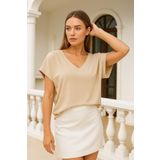 Rich Kadın Bej Viskon Ön Arka V Yakalı T-shirt Yarasa Kol Relaxed Bluz