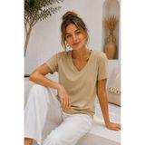 Rich Kadın Bej Yumuşak Dokulu İnterlock V Yaka Basic T-Shirt