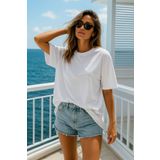 Rich Kadın Beyaz %100 Pamuk Oversize Basic Tişört – Rahat Kalıp Relaxed Bisiklet Yaka T-Shirt