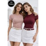Rich Kadın Bordo-Vizon 2'li Paket Slim Fit Pamuk Crop T-Shirt
