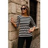Rich Kadın Çizgili Basic Bluz - Siyah-Beyaz 3/4 Kol - Günlük Rahat Şık Kombin - Yeni Sezon Trend