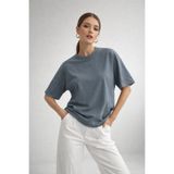 Rich Kadın Füme %100 Pamuk Oversize Basic Tişört – Rahat Kalıp Relaxed Bisiklet Yaka T-Shirt