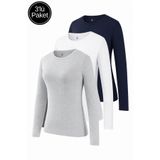 Rich Kadın Gri Melanj-Beyaz-Lacivert 3'lü Paket Bisiklet Yaka Uzun Kollu Body
