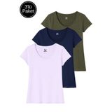 Rich Kadın Haki - Lacivert - Lila 3'lü Paket %100 Pamuk Kısa Kollu Tişört