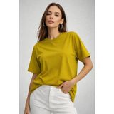 Rich Kadın Hardal %100 Pamuk Oversize Basic Tişört – Rahat Kalıp Relaxed Bisiklet Yaka T-Shirt