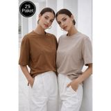 Rich Kadın Kahverengi-Bej 2'li Paket Premium Modal Kumaş Oversize Tişört