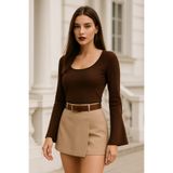 Rich Kadın Kahverengi Soft Touch Fitilli Çan Kollu Bluz