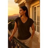 Rich Kadın Kahverengi Viskon Ön Arka V Yakalı T-shirt Yarasa Kol Relaxed Bluz