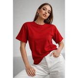 Rich Kadın Kırmızı %100 Pamuk Oversize Basic Tişört – Rahat Kalıp Relaxed Bisiklet Yaka T-Shirt
