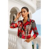 Rich Kadın Kırmızı Desenli Slim Fit Gömlek - Gizli Düğme Detaylı Gömlek