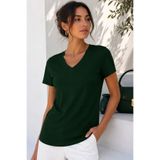 Rich Kadın Koyu Yeşil Yumuşak Dokulu İnterlock V Yaka Basic T-Shirt