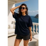 Rich Kadın Lacivert %100 Pamuk Oversize Basic Tişört – Rahat Kalıp Relaxed Bisiklet Yaka T-shirt