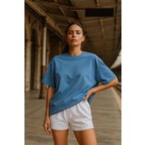 Rich Kadın Mavi %100 Pamuk Oversize Basic Tişört – Rahat Kalıp Relaxed Bisiklet Yaka T-Shirt