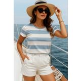 Rich Kadın Mavi Beyaz Çizgili %100 Pamuk Bisiklet Yaka Tişört - Rahat Kesim Kısa Kollu Basic T-shirt