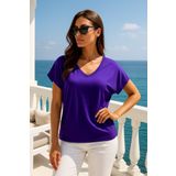 Rich Kadın Mor Viskon Ön Arka V Yakalı T-shirt Yarasa Kol Relaxed Bluz