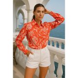 Rich Kadın Nar Çiçeği Çiçek Desenli Poplin Gizli Düğme Detaylı Slim Fit Trend Gömlek