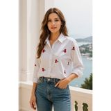 Rich Kadın Oversize Gömlek Kiraz Desenli Beyaz Pamuk Gömlek - XS