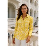 Rich Kadın Sarı Çiçek Desenli Poplin Gizli Düğme Detaylı Slim Fit Trend Gömlek