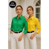 Rich Kadın Sarı-Yeşil 2'li Paket Poplin Cep Detaylı Gömlek - XS - 4BY-Kırmızı