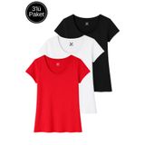 Rich Kadın Siyah-Beyaz-Kırmızı 3'lü Paket %100 Pamuk Kısa Kollu Tişört