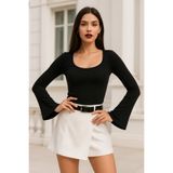 Rich Kadın Siyah Soft Touch Fitilli Çan Kollu Bluz