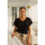 Rich Kadın Siyah Viskon Ön Arka V Yakalı T-shirt Yarasa Kol Relaxed Bluz