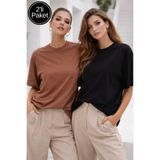 Rich Kadın Siyah-Yavru ağzı 2'li Paket Premium Modal Kumaş Oversize Tişört