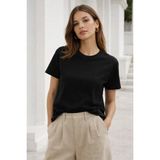 Rich Kadın Siyah Yumuşak Dokulu İnterlock Bisiklet Yaka Basic T-Shirt