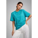 Rich Kadın Turkuaz %100 Pamuk Oversize Basic Tişört – Rahat Kalıp Relaxed Bisiklet Yaka T-Shirt